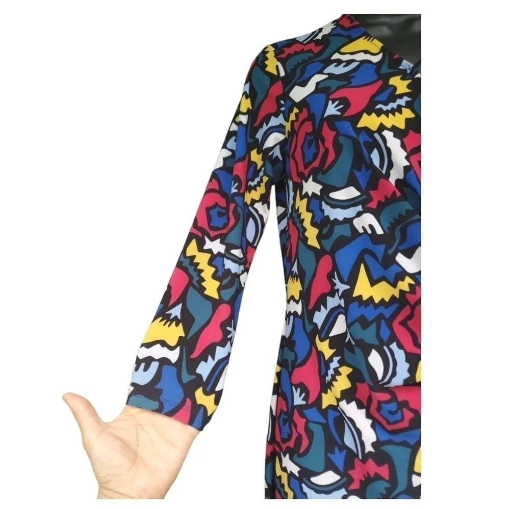 Anne Klein Multi Color Abstract Long Sleeve Faux Wrap Dress Size S